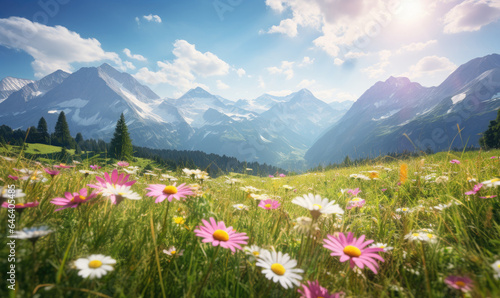 Serene alpine meadow filled with vibrant pink daisies