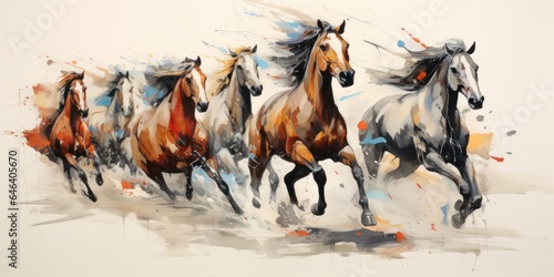 Abstract painting of a herd of running wild horses  light background
