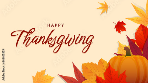 Happy thanksgiving text background with pumkins and leaves. Seasonal celebration design for greeting card, poster, banner. Vector illustration