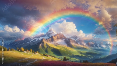 A colourful rainbow on the top higest mountain with beautiful view
 photo