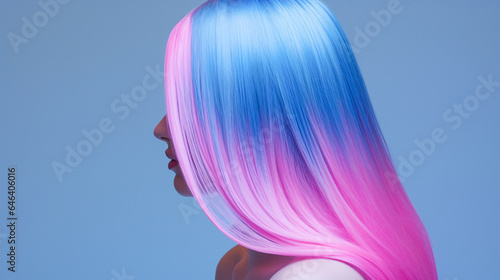 Female portrait with colorful or colourful blue and pink hair