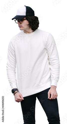 Man wearing white sweatshirt or hoodie, baseball cap and glasses