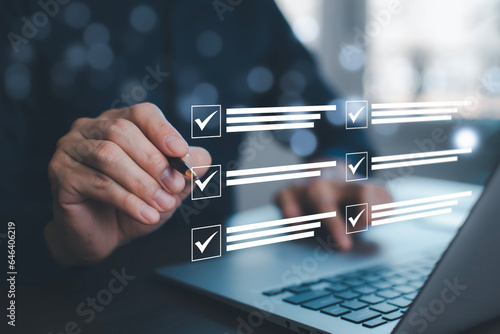 checklist and clipboard task documentation management, business people working laptop checklist questionnaire assessment form, online survey online exam Choosing the right answer in the exam