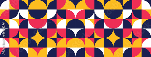 Abstract geometric mosaic seamless pattern background. Scandinavian style print design. Simple circle banner shapes. Modern banner bauhaus swiss style. 