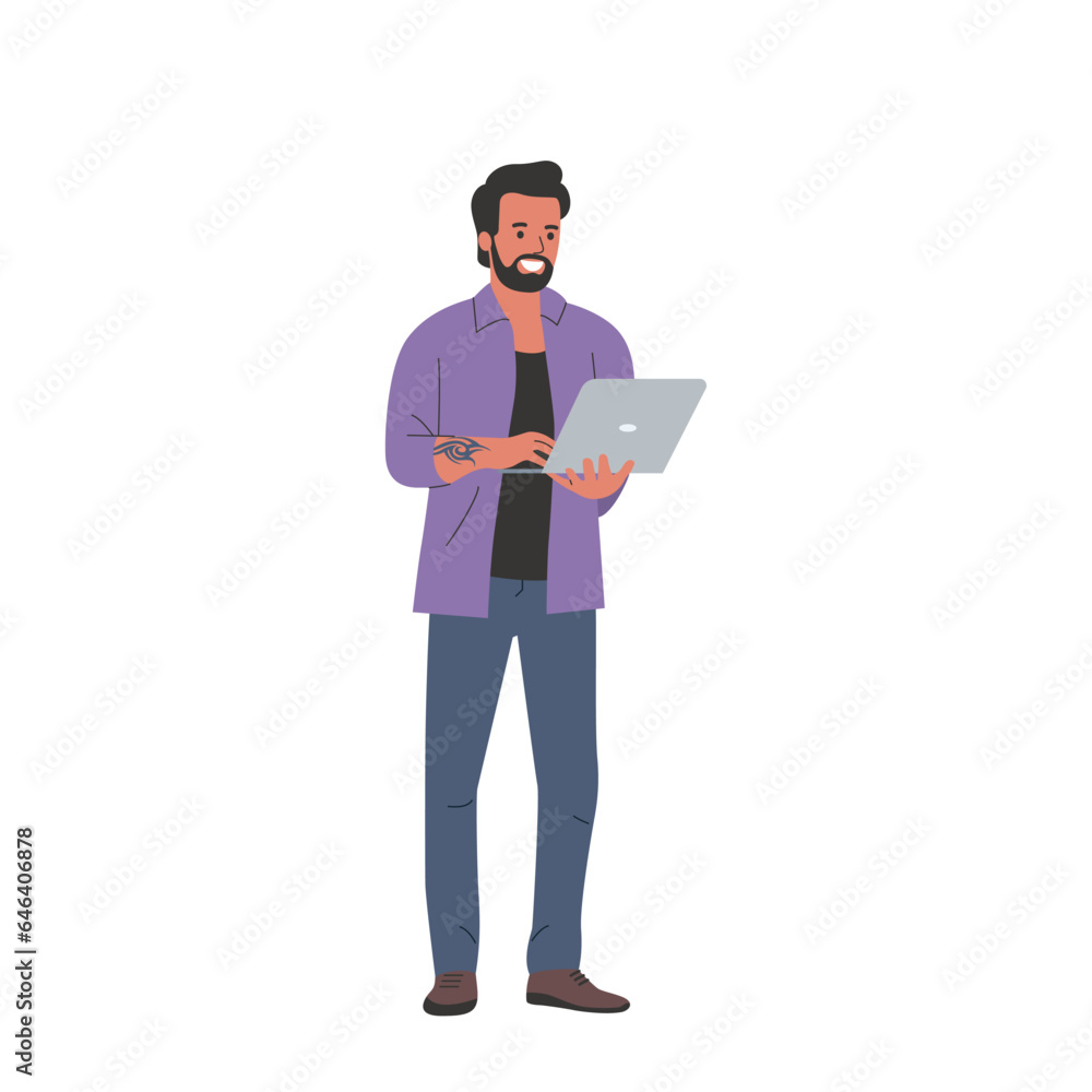 Young man holding and using laptop. Vector flat style cartoon illustration Young man holding and using laptop. Vector flat style cartoon illustration