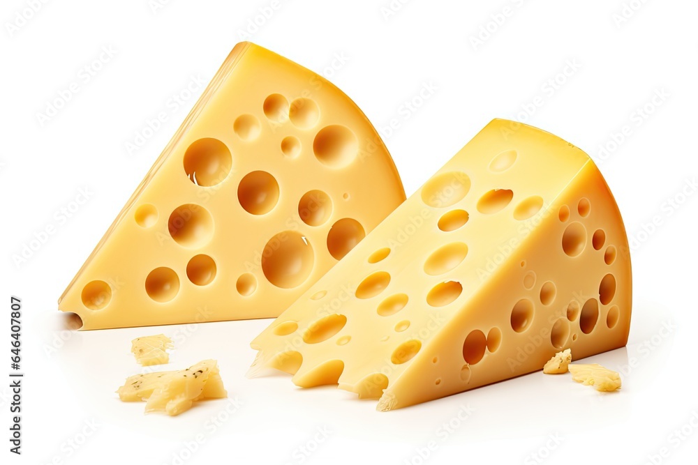 Swiss cheese, isolated on a clean white background, showcasing its distinctive holes and creamy texture for a deliciously appetizing look. Generative AI Swiss cheese, isolated on a clean white background, showcasing its distinctive holes and creamy texture for a deliciously appetizing look. Generative AI