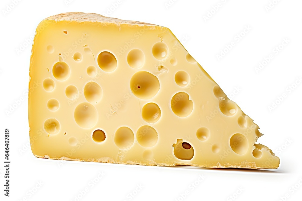 Swiss cheese, isolated on a clean white background, showcasing its distinctive holes and creamy texture for a deliciously appetizing look. Generative AI Swiss cheese, isolated on a clean white background, showcasing its distinctive holes and creamy texture for a deliciously appetizing look. Generative AI