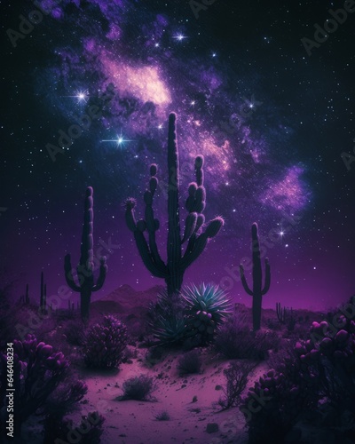 Cactuses in the desert against the background of the Milky Way