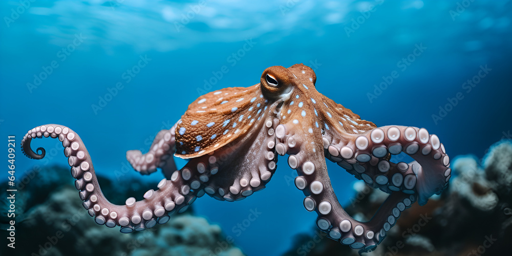 An octopus is swimming in the ocean, Octopus kraken swimming in rich