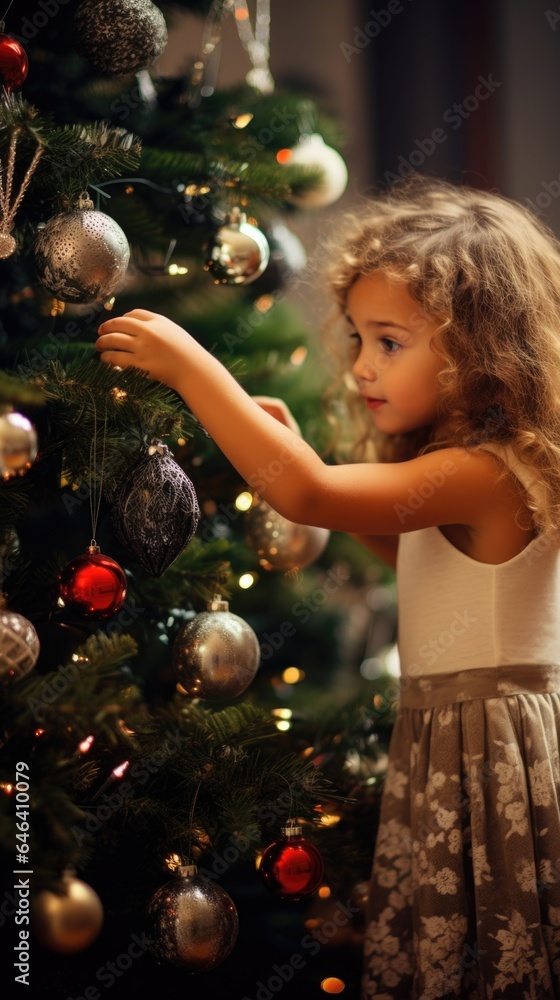 A little girl is decorating a christmas tree A little girl is decorating a christmas tree
