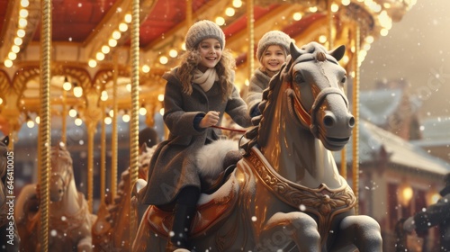 A couple of  little girls riding a merry go round horse © Maria Starus