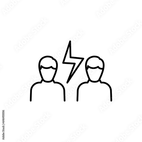 Two people and lightning voltage between them. onflict, discord , scandal. Vector linear icon isolated on white background.
