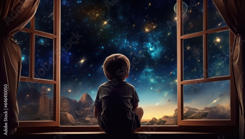 A child looking out a window at the stars