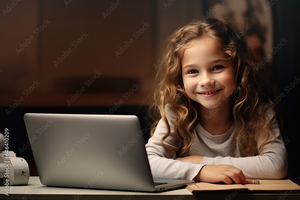 A schoolgirl sits at home with her laptop computer. Girl smiling, online education, learning and courses for children concept.
A schoolgirl sits at home with her laptop computer. Girl smiling, online education, learning and courses for children concept.
