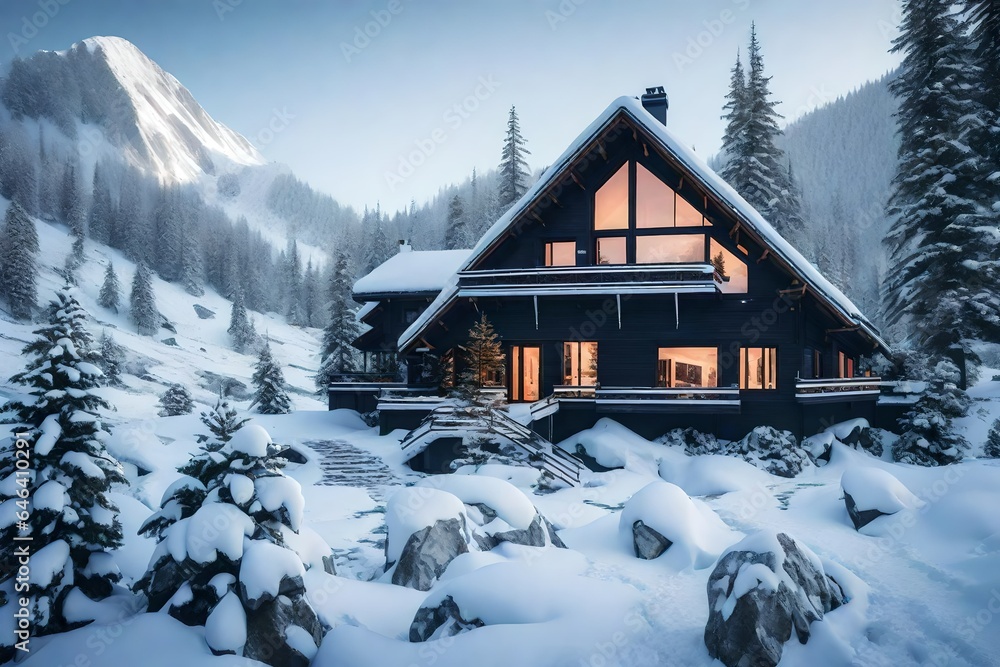 A white-roofed wooden house in the mountains covered with snow - AI Generative