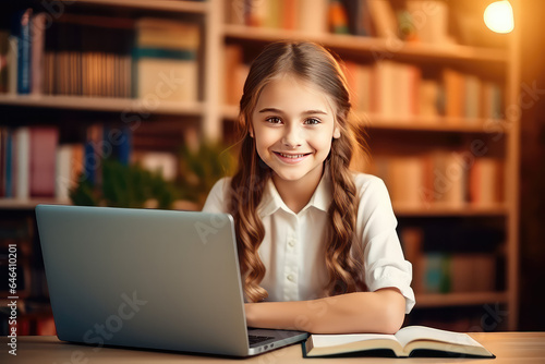 A schoolgirl sits at home with her laptop computer. Girl smiling, online education, learning and courses for children concept. 