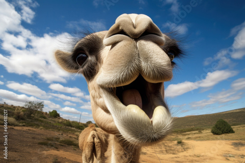 Camel with a funny face on the background of blue sky