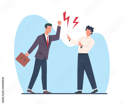 Conflict between boss and an employee, between two company managers. Man yelling at upset worker. Firing sad clerk. Stressful office situation. Cartoon flat style isolated vector concept
