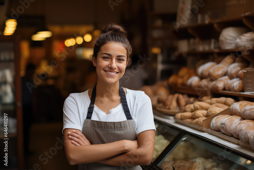 Attractive bakery employee, happy woman on the background of bakery shop with fresh bread on shelves. 