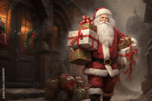 Santa Claus brought gifts for Christmas. He stands on the street with gifts Christmas and New Year concept.