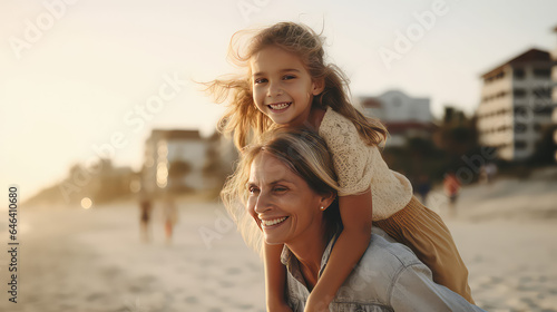 Foto Happy mother giving daughter piggyback ride at sandy beach