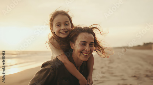 Happy mother giving daughter piggyback ride at sandy summer beach. Happy family day on the seashore. Summer fun. 