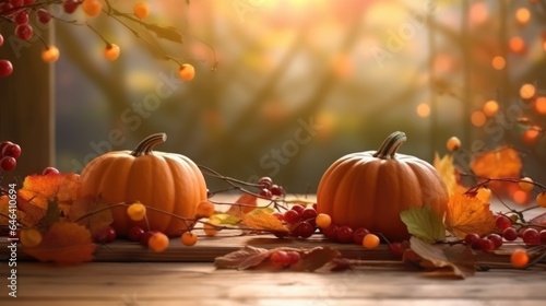 Autumn banner with pumpkins  berries and leaves. Generative AI