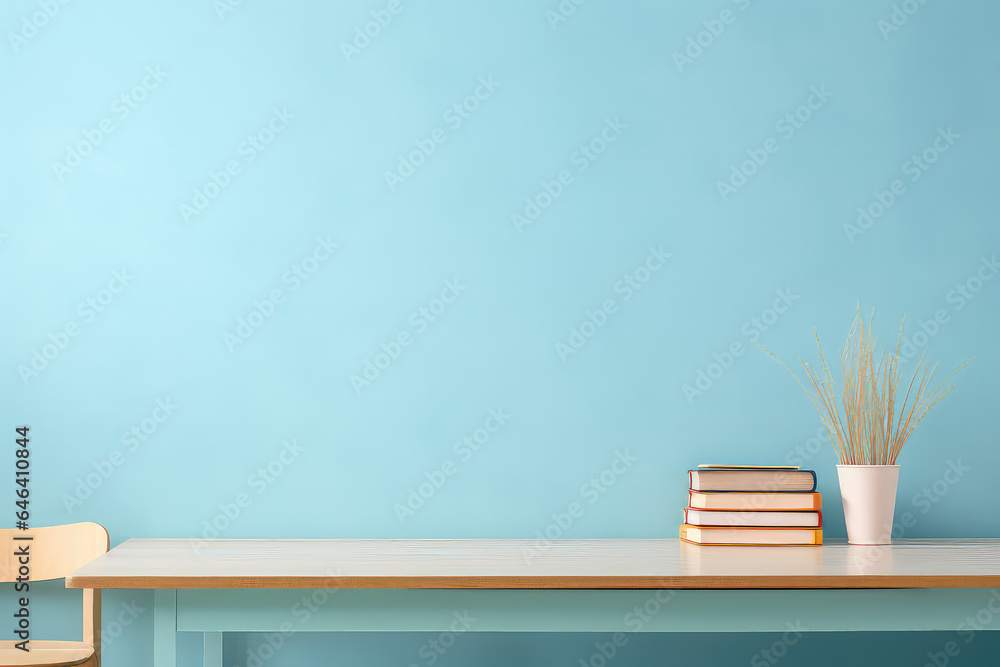 Light blue classroom, empty teacher's table front view, minimal school table template.
Light blue classroom, empty teacher's table front view, minimal school table template.