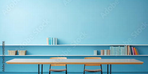 Light blue classroom, empty teacher's table front view, minimal school table template.  © dinastya