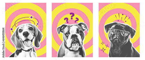 Vertical posters template with Dogs different breeds Halftone style. Surreal Collage Pet Pug, Beagle, Bulldog. Contemporary vector advertising flyers