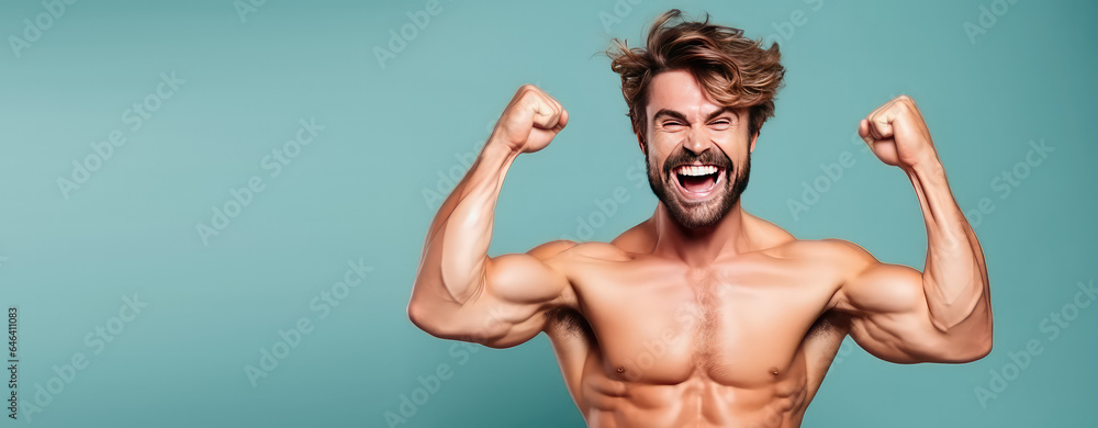 Obraz premium Cheerful young athlete with strong body, happy emotion portrait, fitness center banner template. 