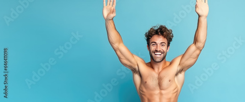 Cheerful young athlete with strong body, happy emotion portrait, fitness center banner template. 