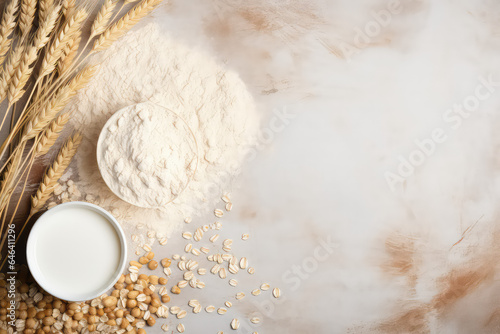 Top view of Oat milk, flour, dry flakes and whole grains, rustic banner template with copy space. 