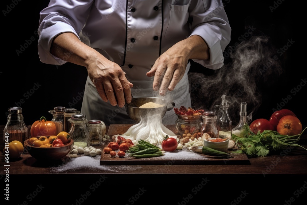 Chef hands cooking food and adding seasoning in a freeze motion. Fresh salad or meal with steam effects. banner, menu recipe, dark background