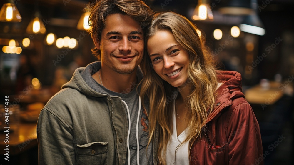 Standing side by side in an industrial-style cafe is a young pair dressed stylishly.. Standing side by side in an industrial-style cafe is a young pair dressed stylishly..