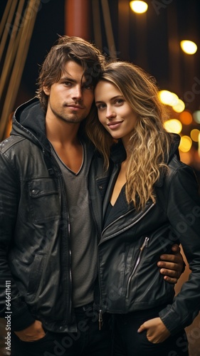 On the night port background, a young man and a gorgeous girl.