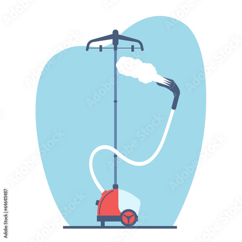 Garment steamer for removing creases from clothing and fabrics using high temperature steam. Equipment for household chores. Textile care. Cartoon flat style isolated vector concept