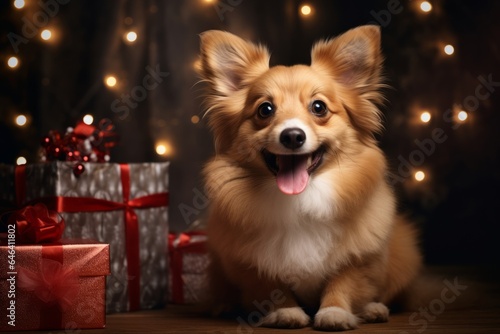 Photo of a small dog sitting next to a pile of presents created with Generative AI technology © AI Visual Vault