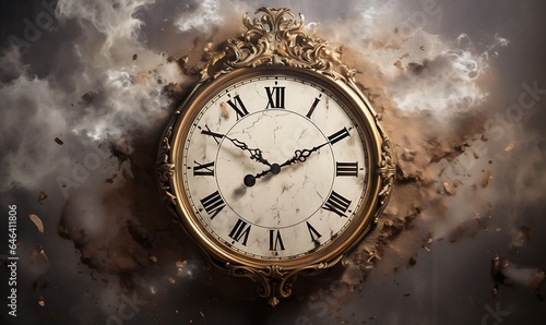 Antique style roman wall clock with smoke splash background, Generative Ai