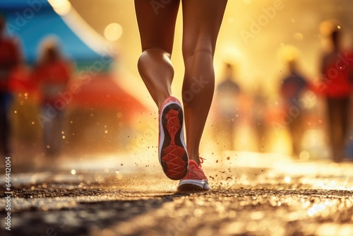 close up view of a runner legs running on wet asphalt surface or puddles after rain, blurred background © gankevstock