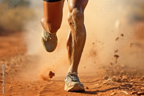 close up view of a runner legs running on dirty surface or mud terrain, blurred background