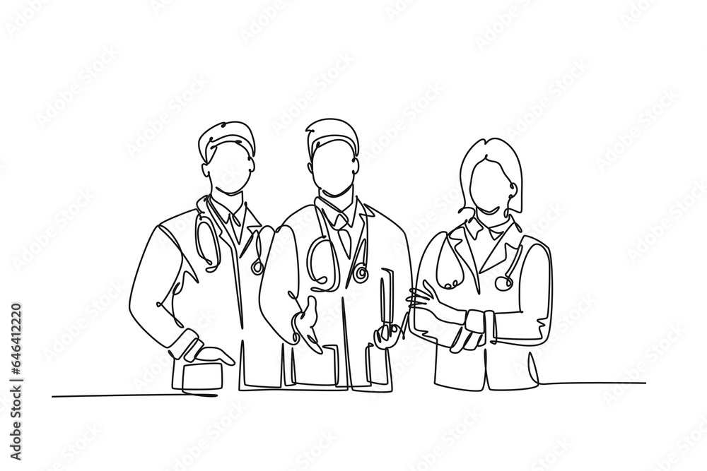 Single continuous line drawing team of doctor welcoming the patient with handshake gesture. Greeting in hospital and healthcare center concept. Dynamic one line draw graphic design vector illustration Single continuous line drawing team of doctor welcoming the patient with handshake gesture. Greeting in hospital and healthcare center concept. Dynamic one line draw graphic design vector illustration