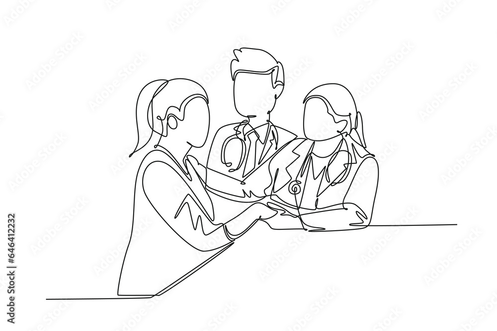 Single continuous line drawing female obstetrician and gynecologist doctor handshake and congratulate happy pregnant mom about her pregnancy. Dynamic one line draw graphic design vector illustration Single continuous line drawing female obstetrician and gynecologist doctor handshake and congratulate happy pregnant mom about her pregnancy. Dynamic one line draw graphic design vector illustration