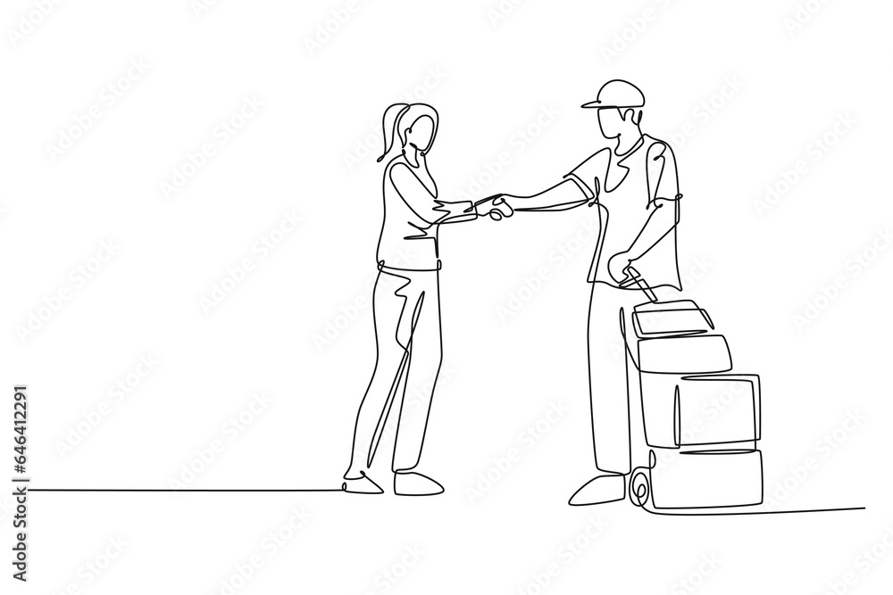 Single one line drawing of courier delivery man handshaking the customer and hand over a package box. Delivery service excellent concept. Modern continuous line draw design graphic vector illustration