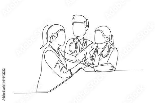 Single continuous line drawing female obstetrician and gynecologist doctor handshake and congratulate happy pregnant mom about her pregnancy. Dynamic one line draw graphic design vector illustration
