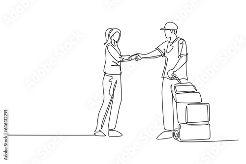 Single one line drawing of courier delivery man handshaking the customer and hand over a package box. Delivery service excellent concept. Modern continuous line draw design graphic vector illustration