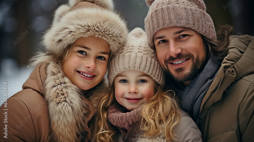 Fototapeta premium Little child and her dad are seated on a blanket at a park during the winter..