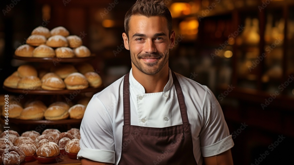 Fototapeta premium Baker in white uniform, a handsome man.