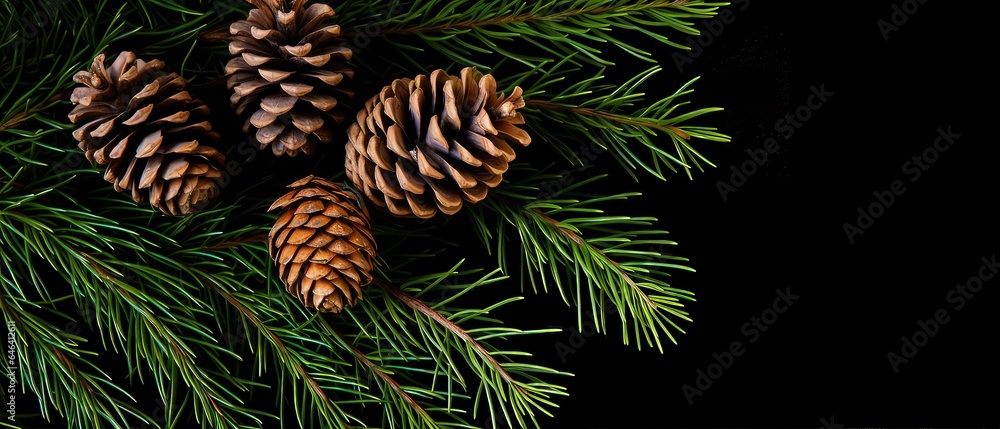 Christmas Mockup banner with fir, conifer branches, cones, decorations on black textured background. Top view. Flat lay. New Year Holidays background. Generative ai Christmas Mockup banner with fir, conifer branches, cones, decorations on black textured background. Top view. Flat lay. New Year Holidays background. Generative ai