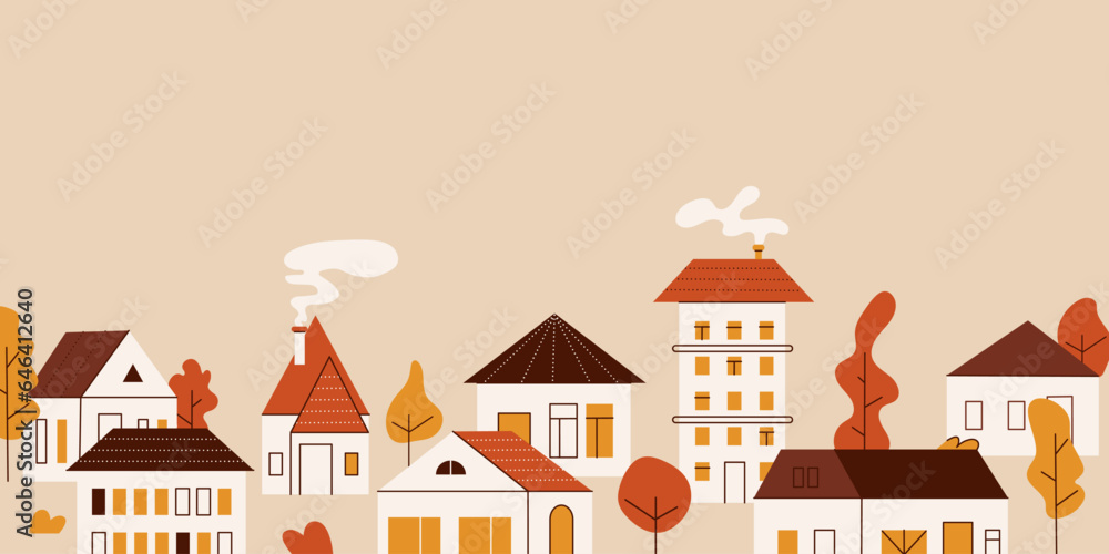 Abstract autumn cityscape in simple flat style. Horizontal fall landscape with houses, yellow trees. Colored vector illustration